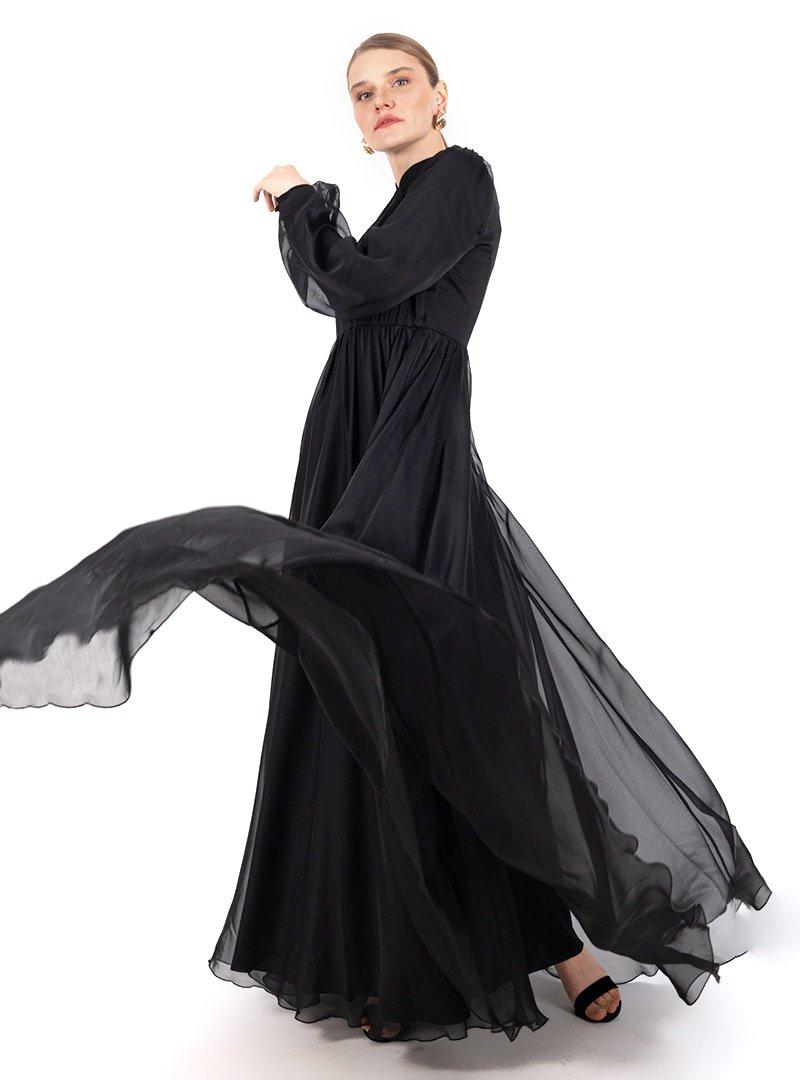 Loreen By Puane Siyah Piliseli Tüllü Elbise