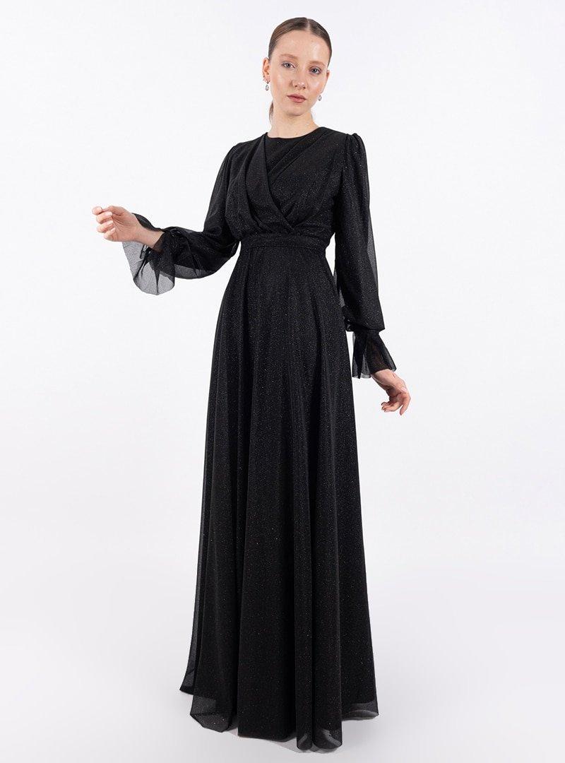 Loreen By Puane Siyah Simli Kuşaklı Elbise