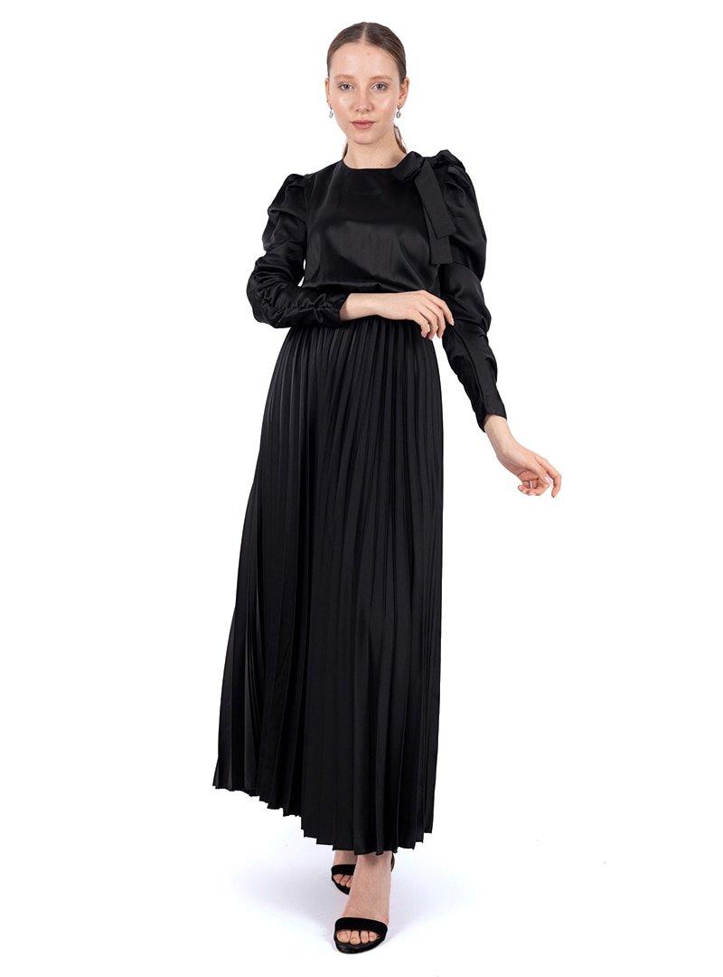 Loreen By Puane Siyah Piliseli Saten Elbise