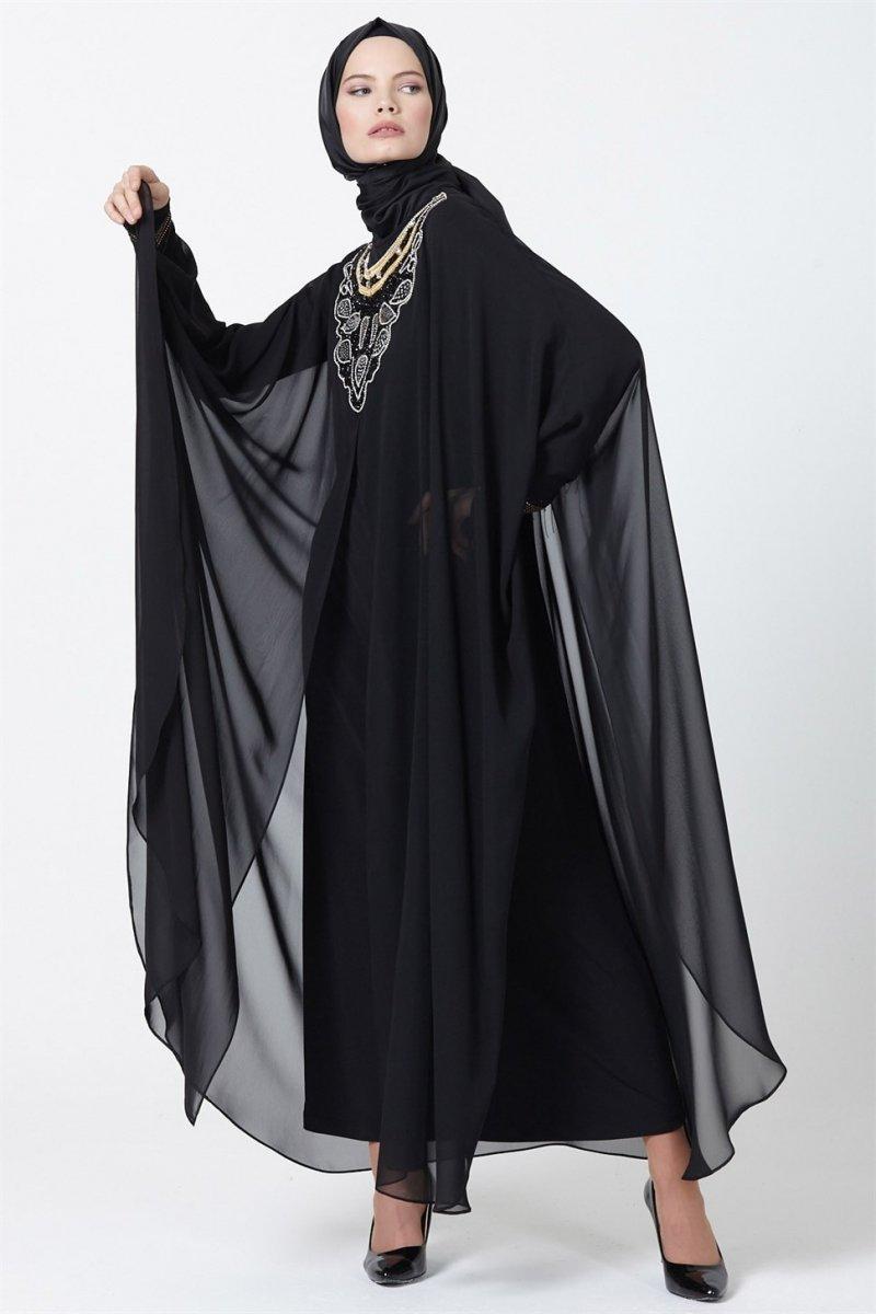 Armine Siyah Nakış Detaylı Şifon Abiye Elbise