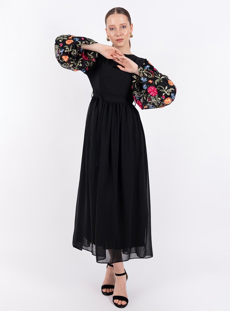 Loreen By Puane Siyah Çiçekli Balon Kol Elbise