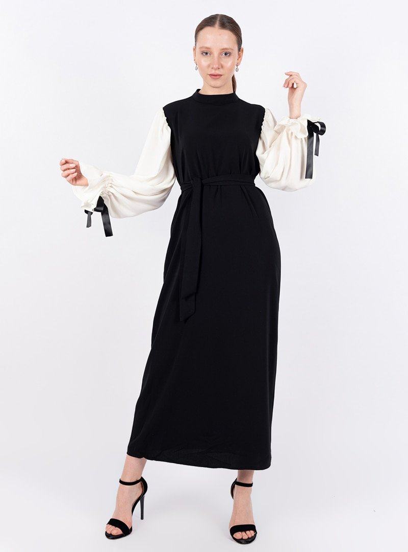 Loreen By Puane Siyah Kolu Büzgülü Garnili Elbise