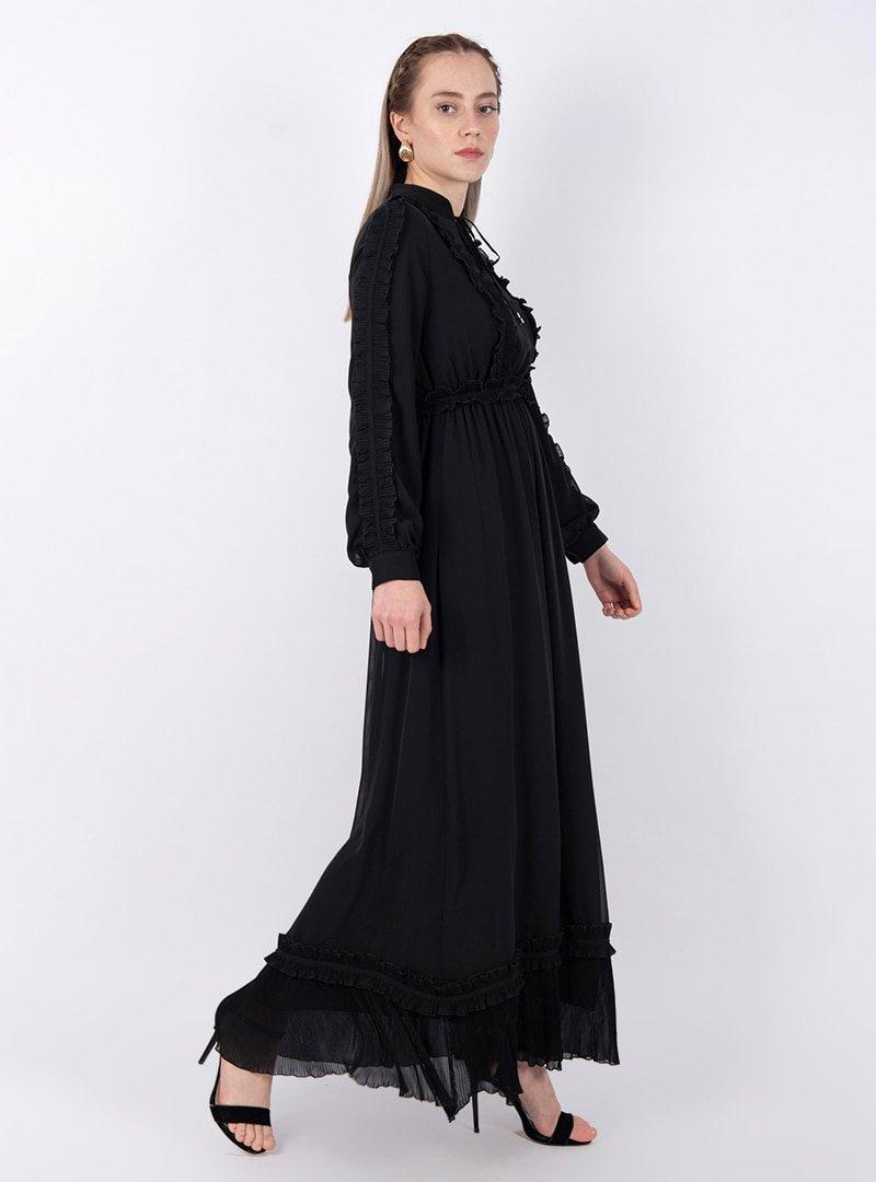 Puane Siyah Kuşaklı Şifon Elbise