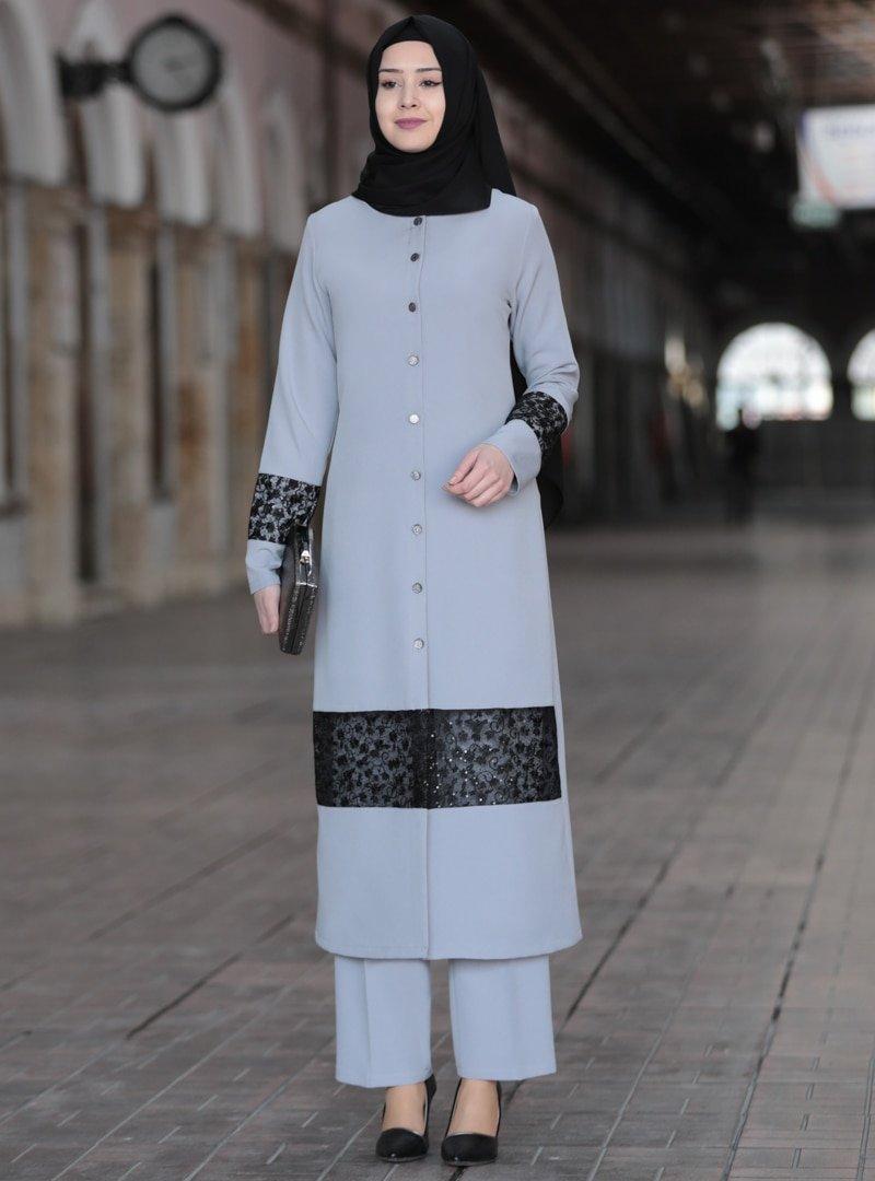 Azra Design Gri Tunik&Pantolon Narin İkili Takım