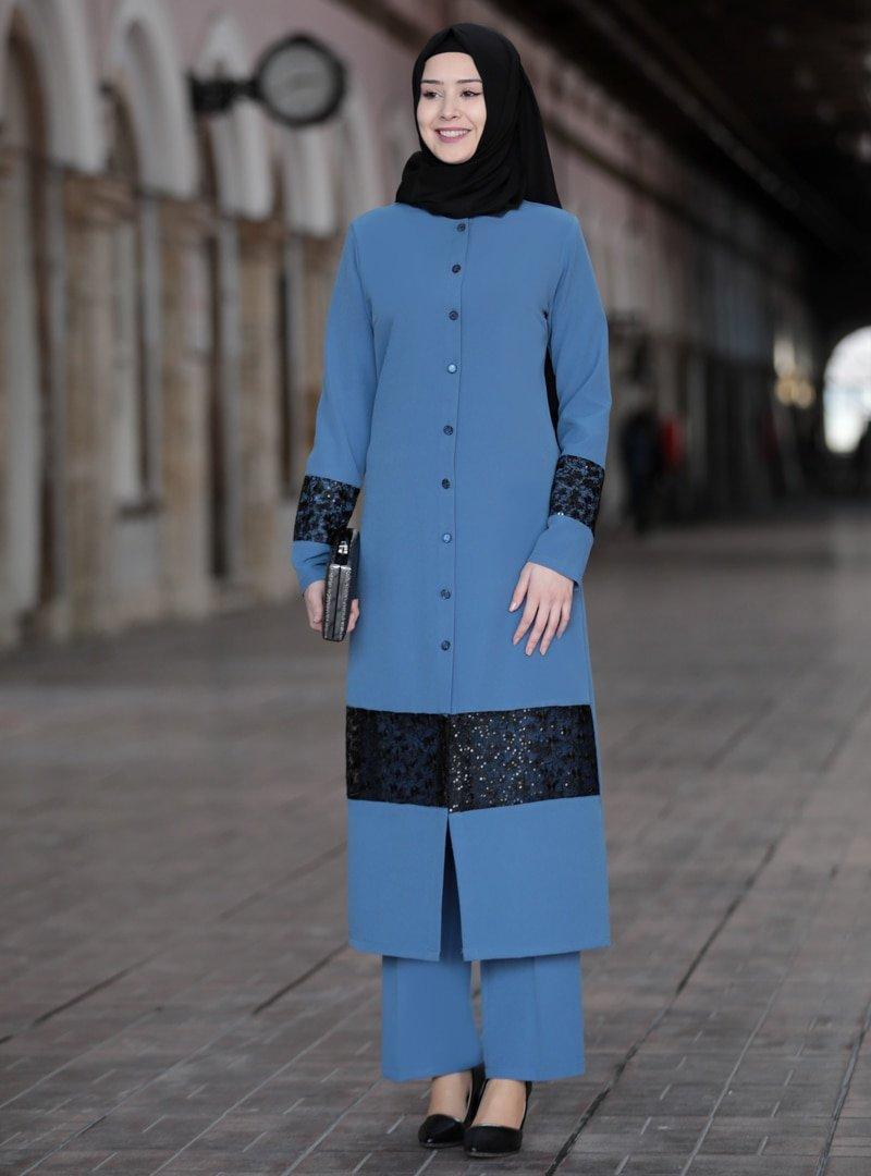 Azra Design Mavi Tunik&Pantolon Narin İkili Takım