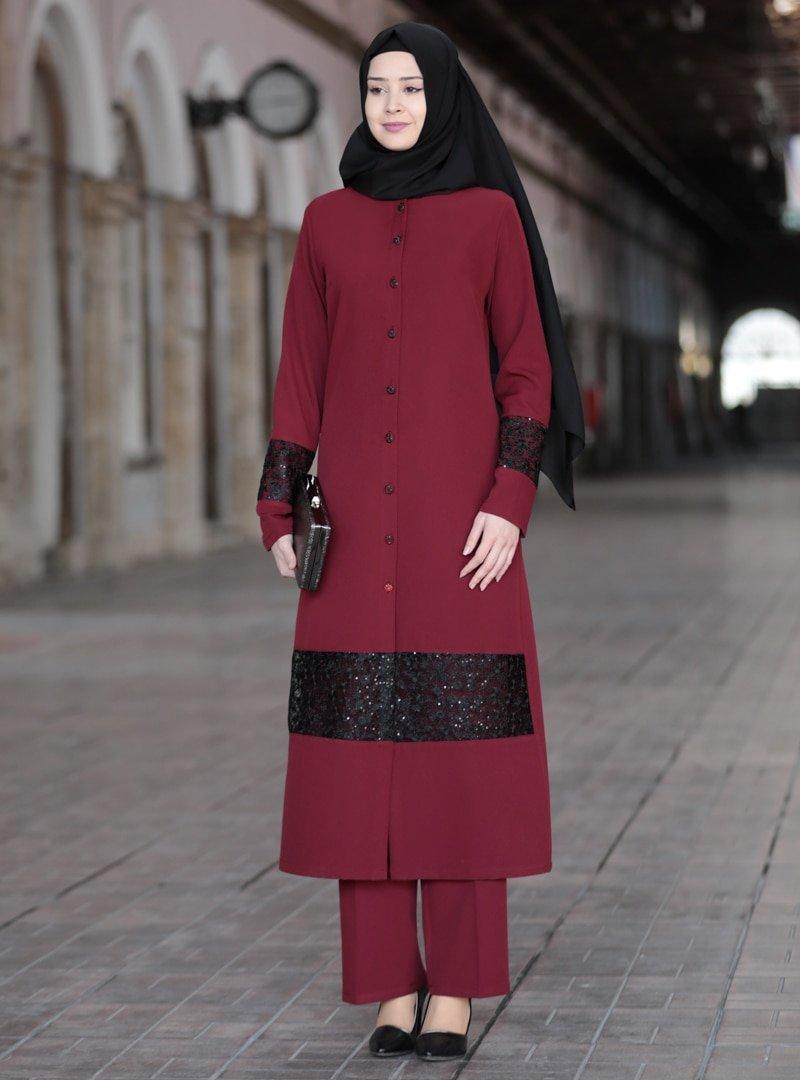 Azra Design Bordo Tunik&Pantolon Narin İkili Takım