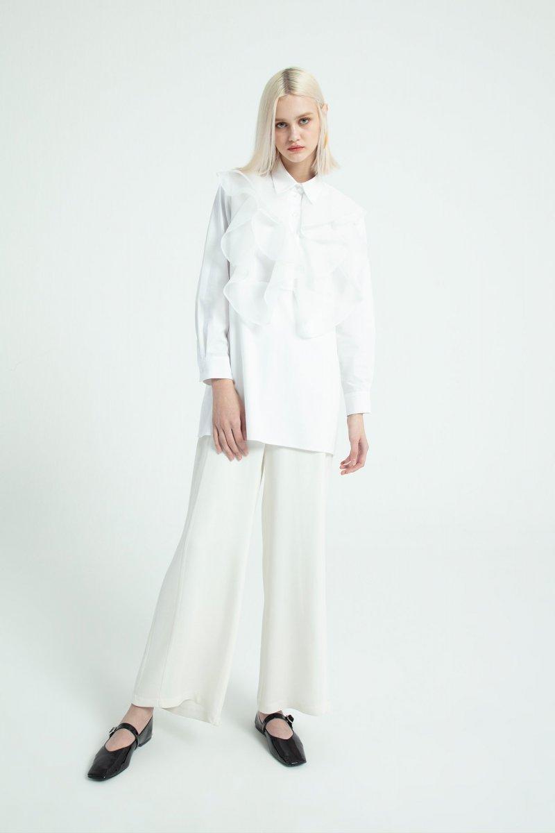 TOUCHE Beyaz Organze Volanlı Tunik