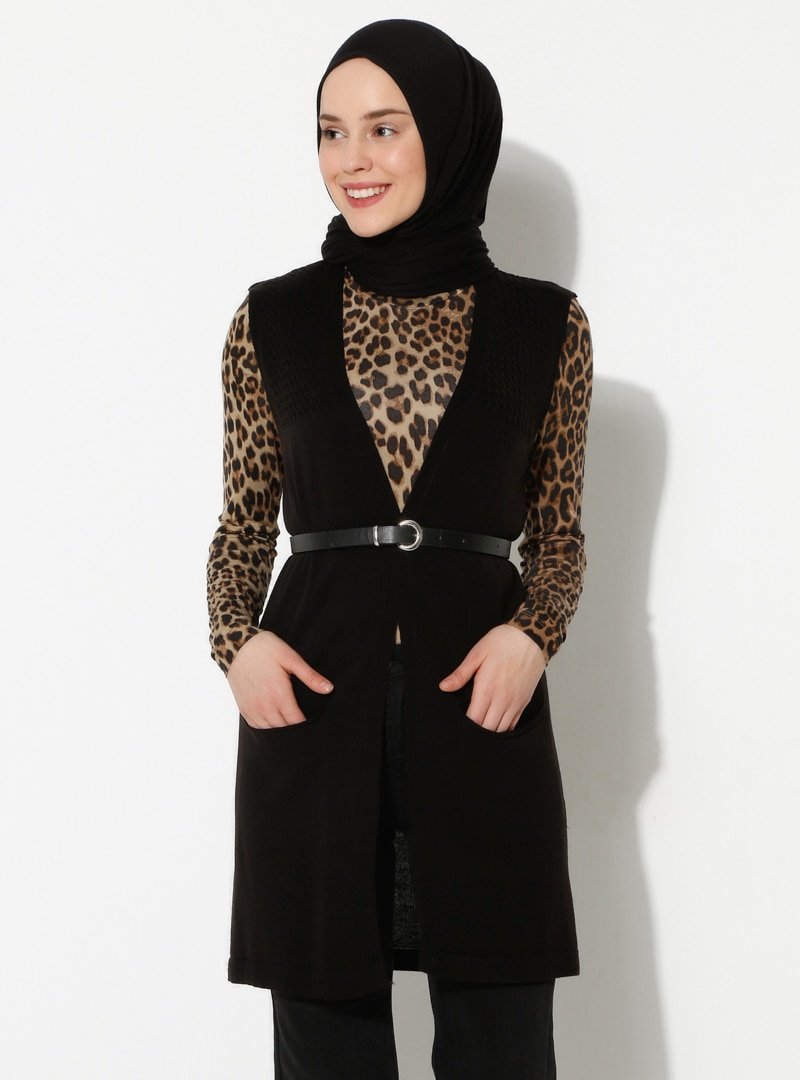 İLMEK TRİKO Siyah Cepli Triko Yelek