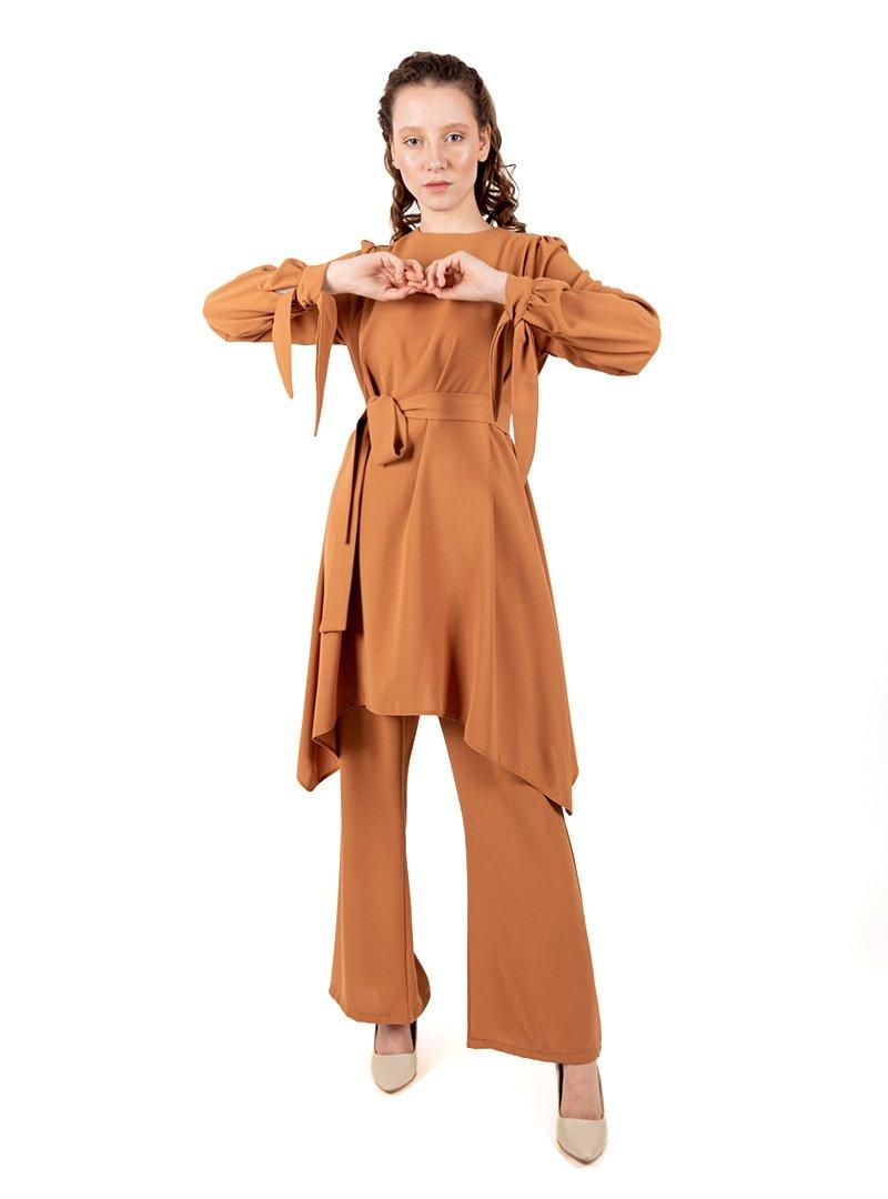 Loreen By Puane Camel Asimetrik Kuşaklı Tunik&Pantolon İkili Takım