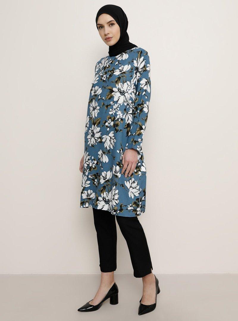Tavin İndigo Floral Desenli Tunik