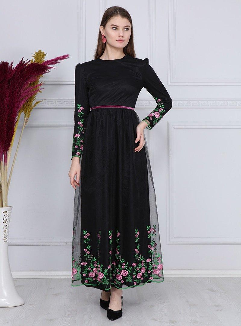 Sew&Design Pembe Siyah Gül Nakışlı Tül Abiye Elbise
