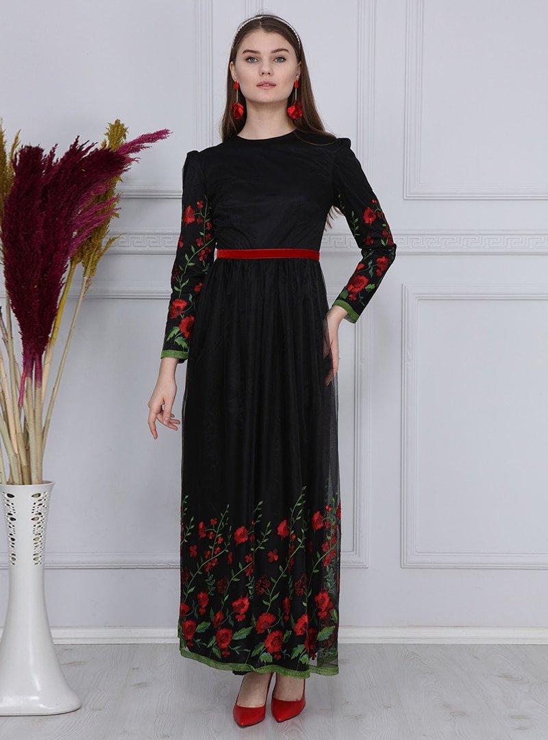 Sew&Design Kırmızı Siyah Gül Nakışlı Tül Abiye Elbise