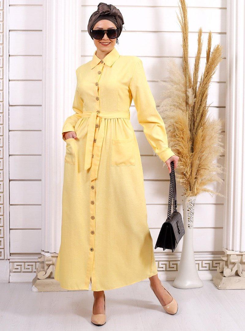Por La Cara Sarı Boydan Düğmeli Cepli Elbise