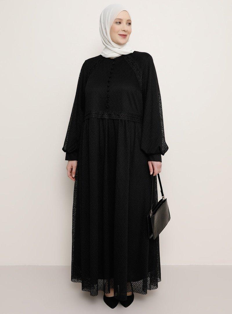 Alia Siyah Düğme Detaylı Elbise