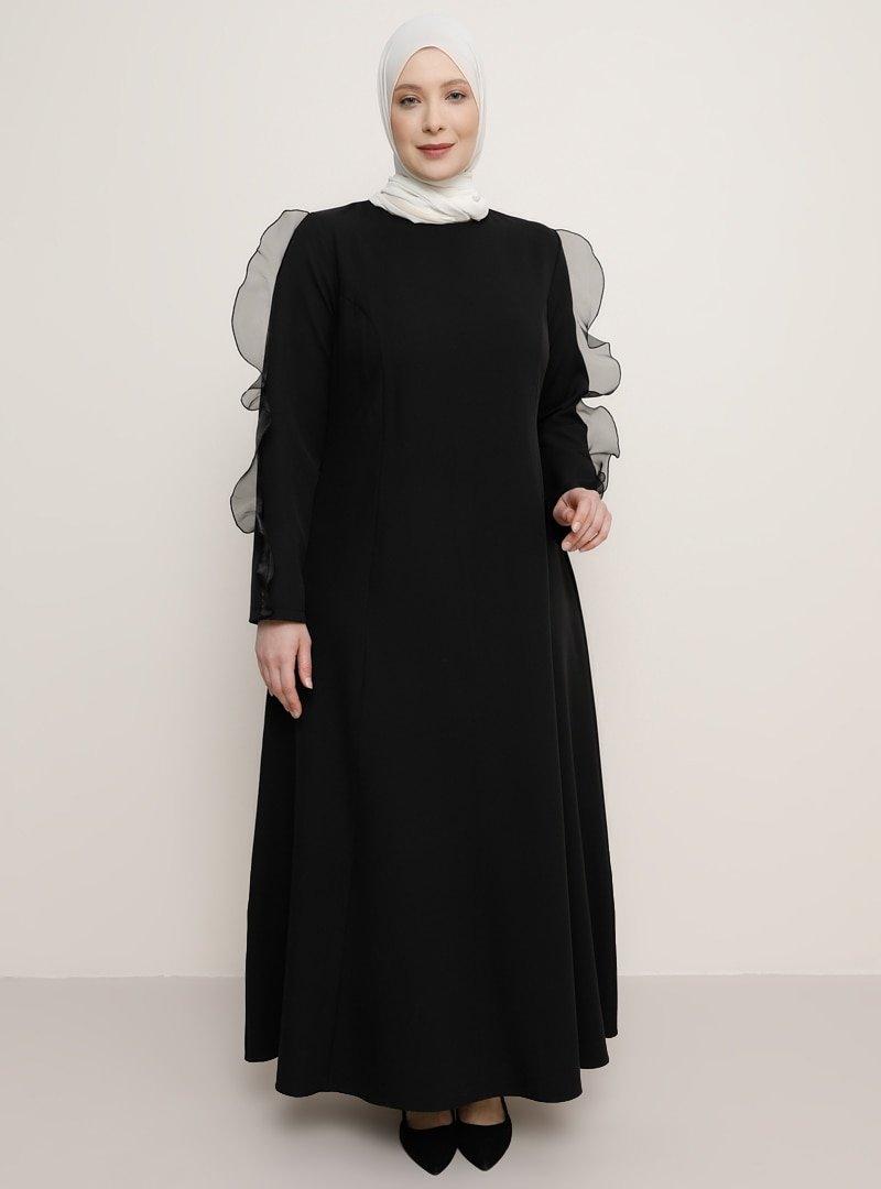 Alia Siyah Volan Detaylı Abiye Elbise