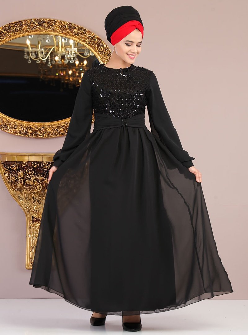 Tofisa Siyah Payet Detaylı Elbise