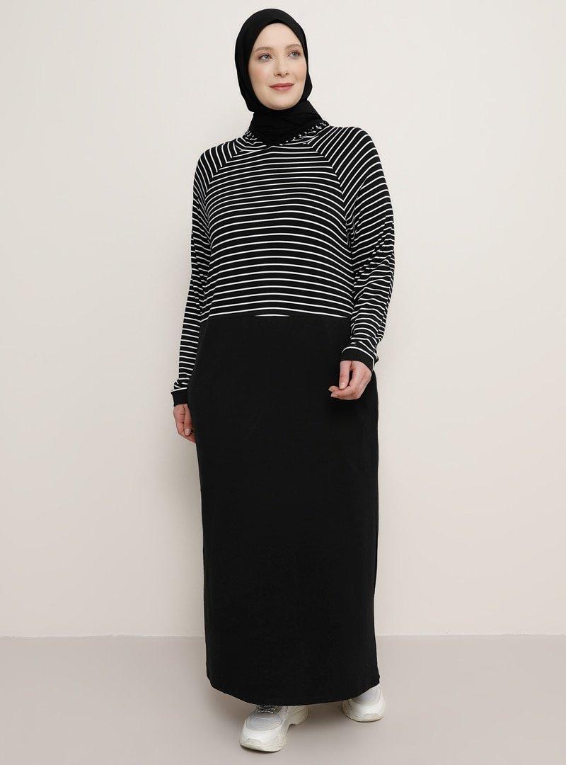 Alia Siyah Kapüşon Detaylı Çizgili Elbise