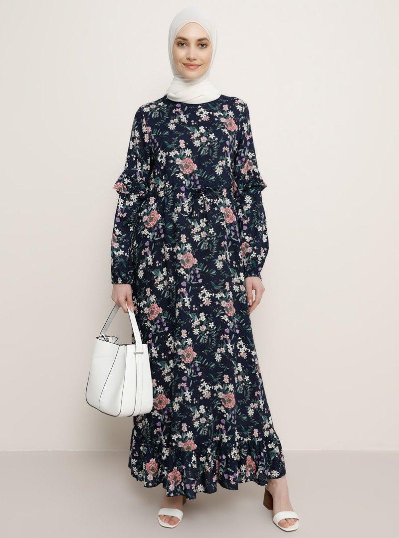 Refka Lacivert Doğal Kumaşlı Çiçek Desenli Elbise