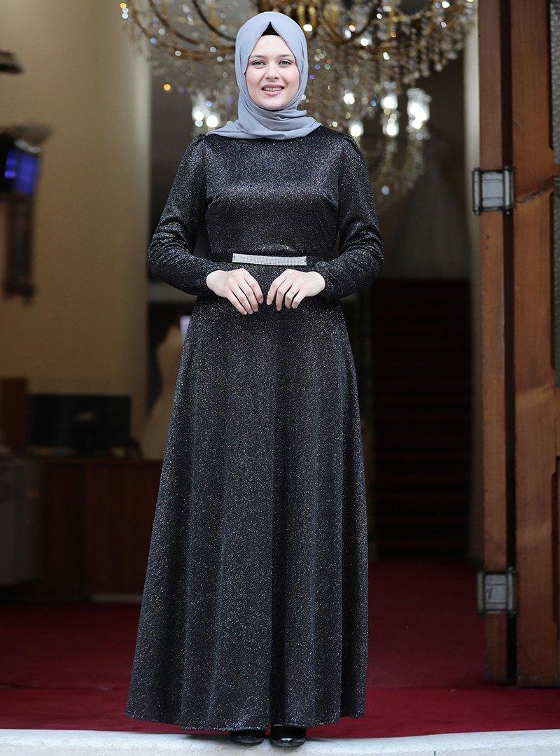 Amine Hüma Siyah Işıl Abiye Elbise