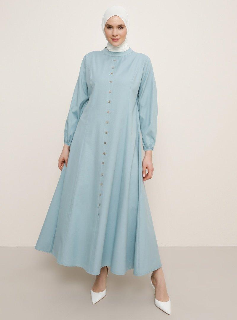 Alia Mavi Soft Boydan Düğmeli Elbise