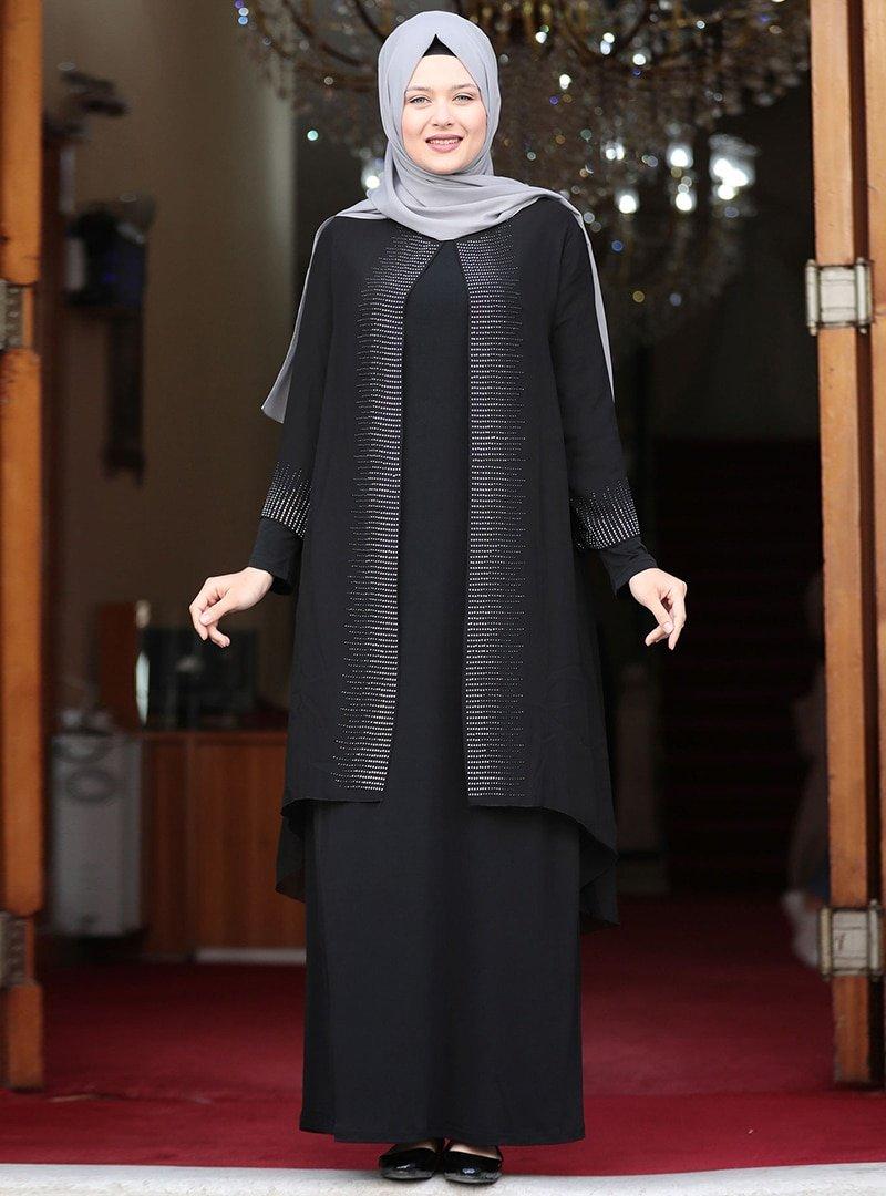 Amine Hüma Siyah Gül Abiye Elbise