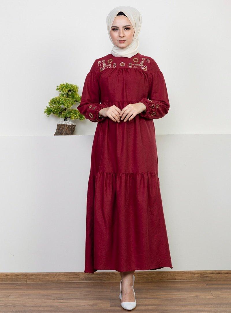 Pink Lady`s Bordo Çiçek Nakışlı Katlı Elbise