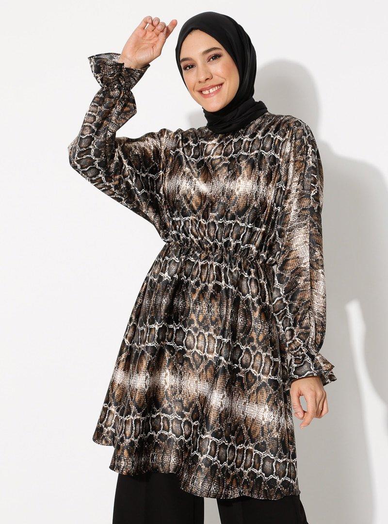 Almera Kahve Siyah Desenli Tunik