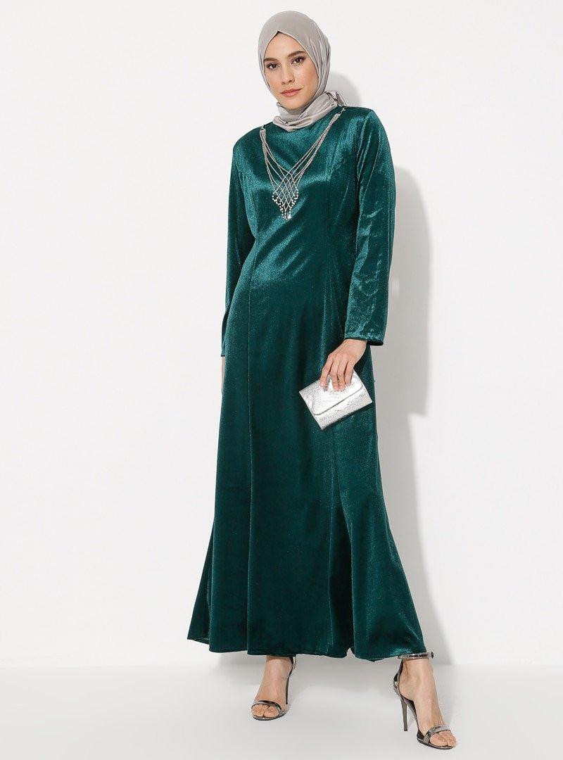 MEKSİLA Yeşil Aksesuar Detaylı Kadife Elbise