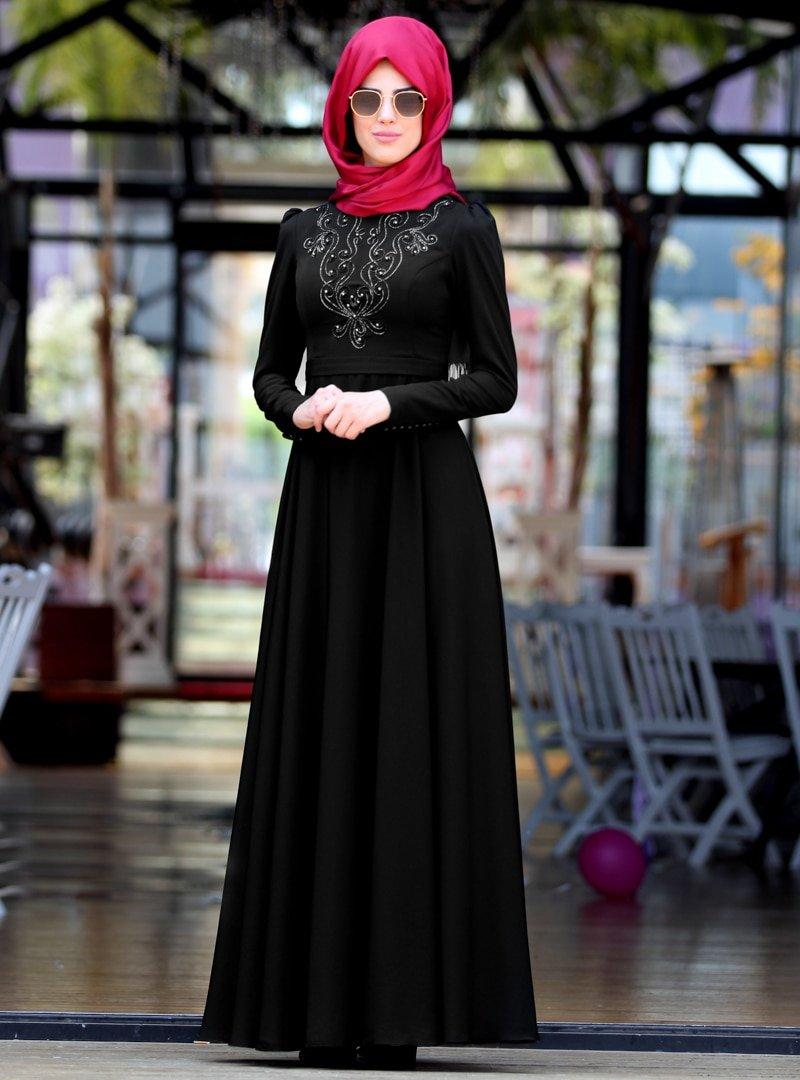 Nurkombin Siyah Mahperi İncili Elbise