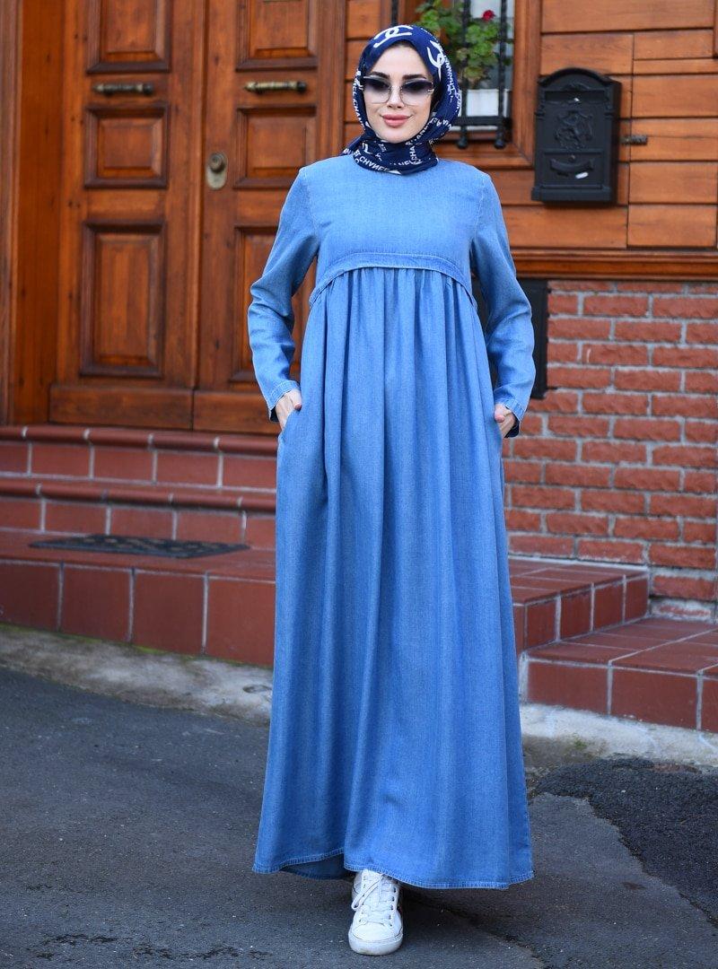 Neways Mavi Büzgülü Kot Elbise