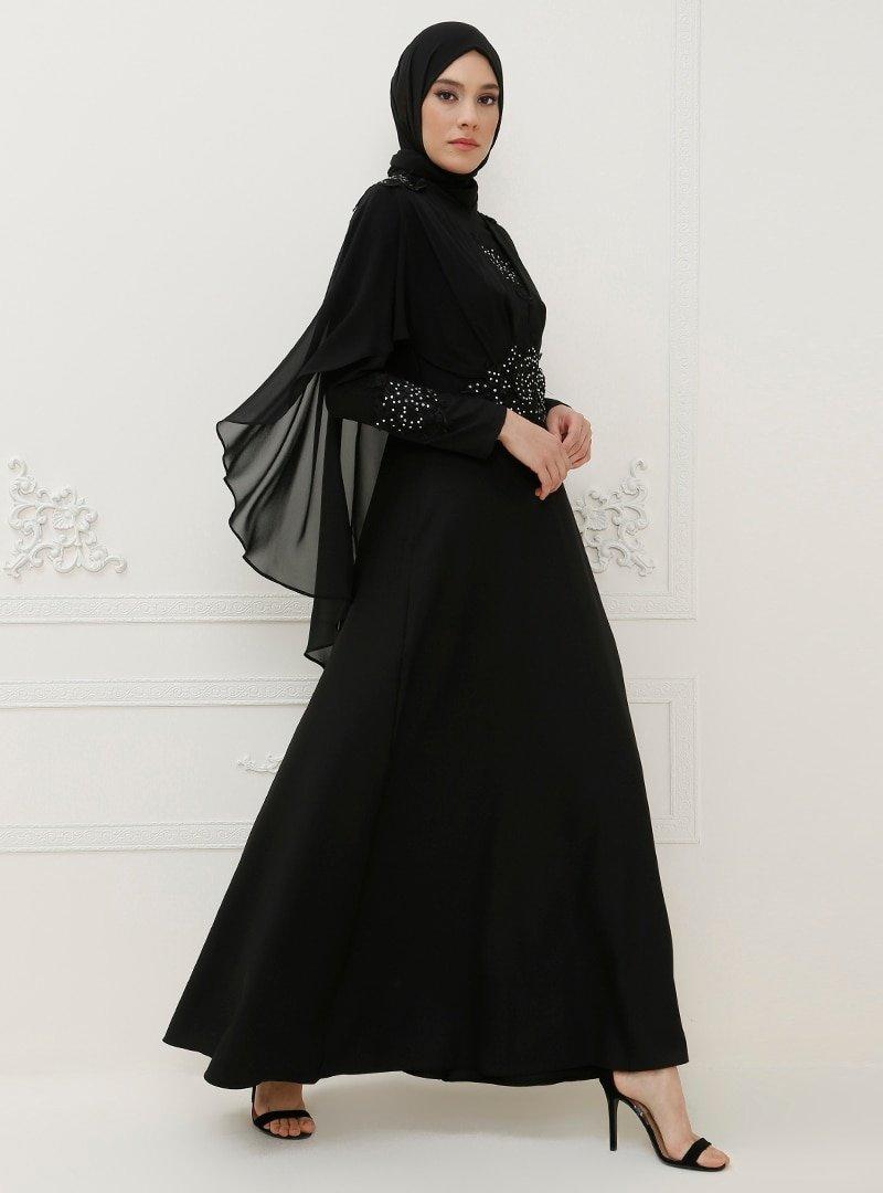 AYŞE MELEK TASARIM Siyah Taş Detaylı Abiye Elbise