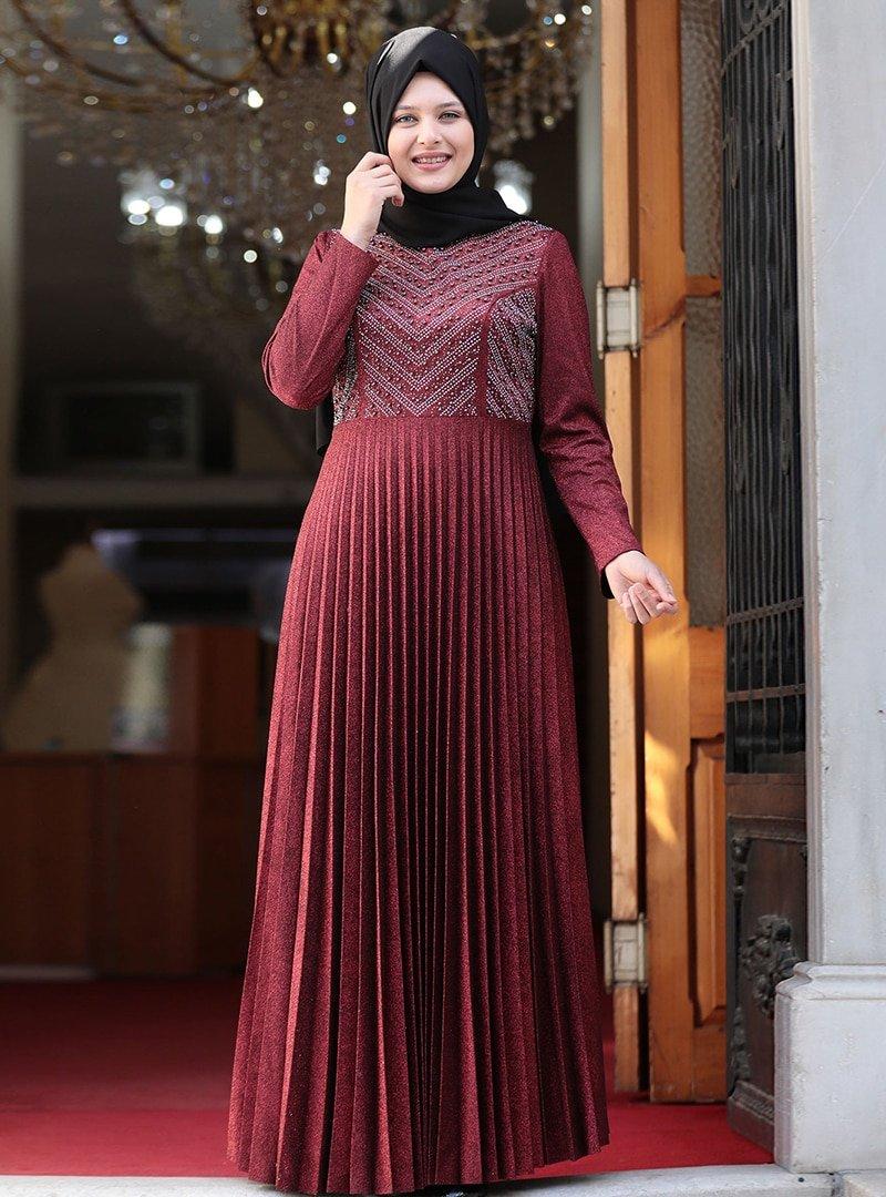 Amine Hüma Bordo İlayda Abiye Elbise