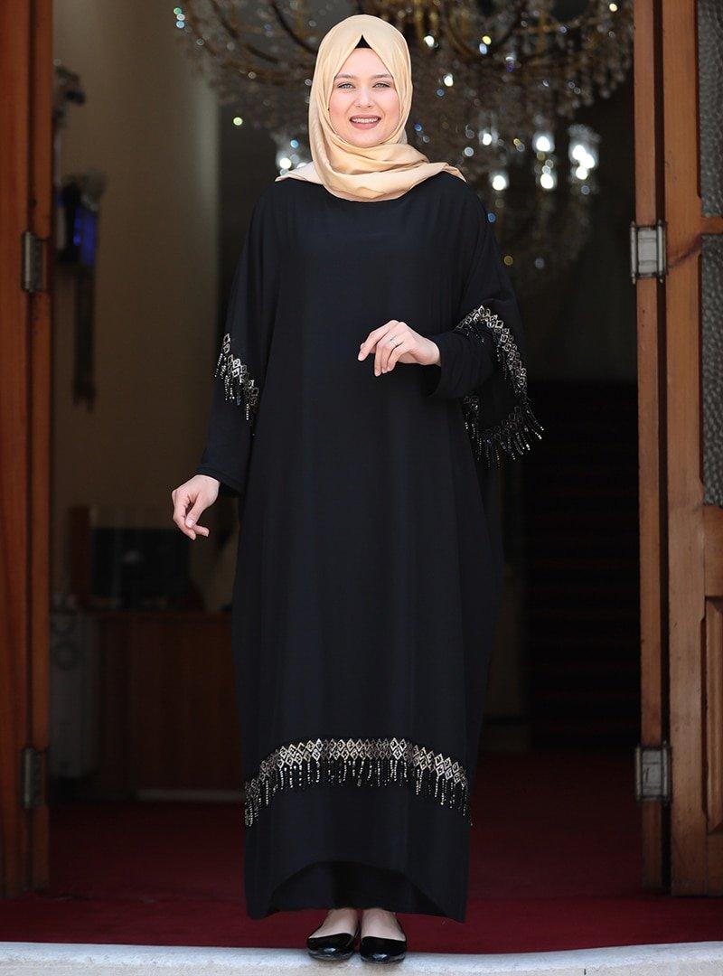 Amine Hüma Siyah Ebru Abiye Elbise
