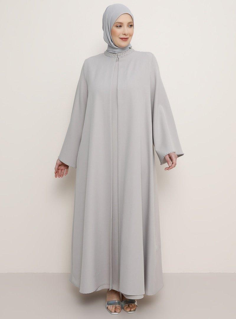 Alia Gri Yakası İnci Detaylı Kolsuz Elbise&Ferace İkili Abiye Takım