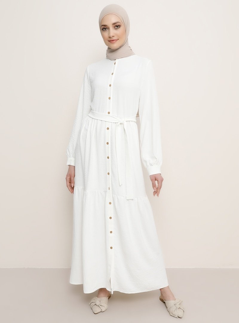 Refka Beyaz Boydan Düğmeli Beli Kuşaklı Elbise