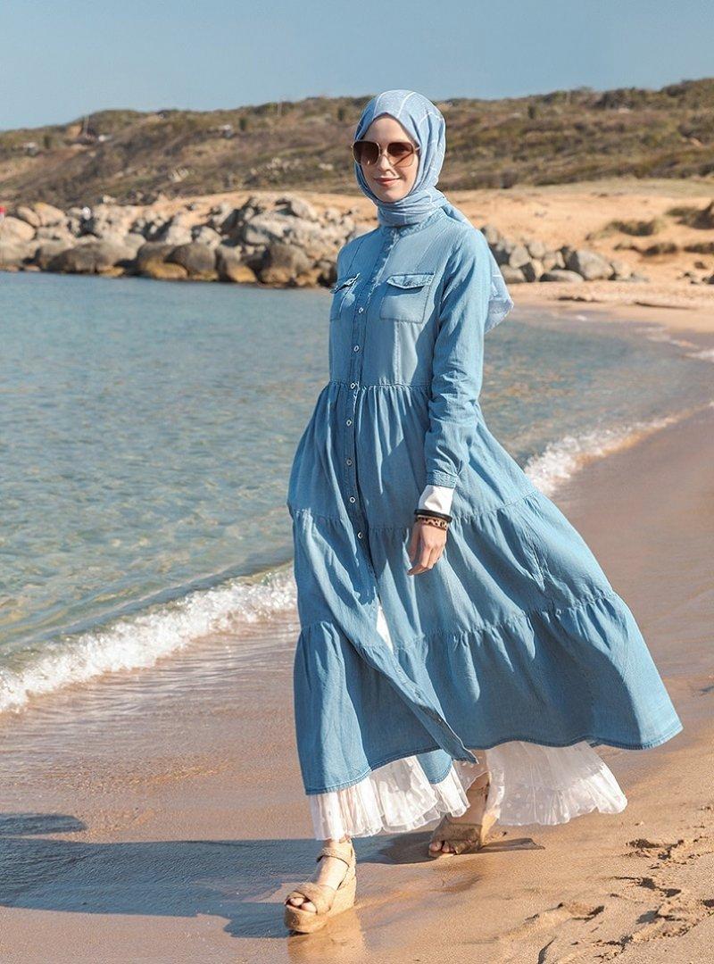 Refka Mavi Doğal Kumaşlı Boydan Düğmeli Kot Elbise