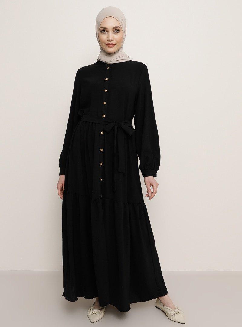 Refka Siyah Boydan Düğmeli Beli Kuşaklı Elbise