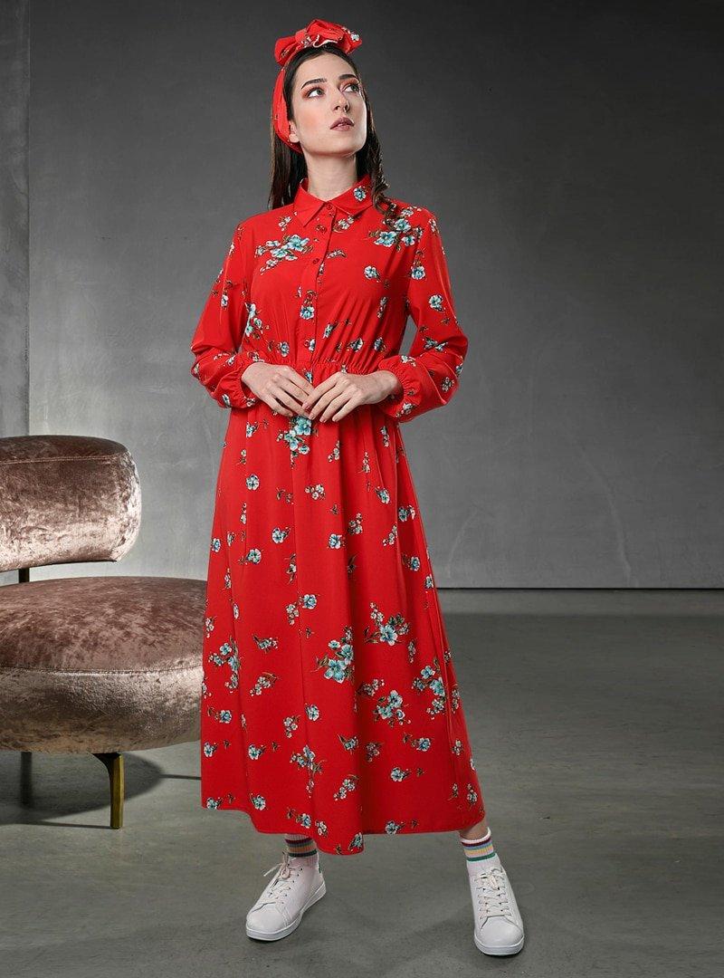 SAHRA AFRA Kırmızı Flor Elbise