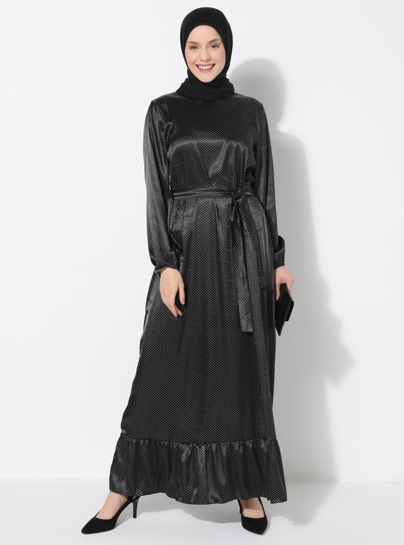 Almera Siyah Eteği Volanlı Desenli Elbise