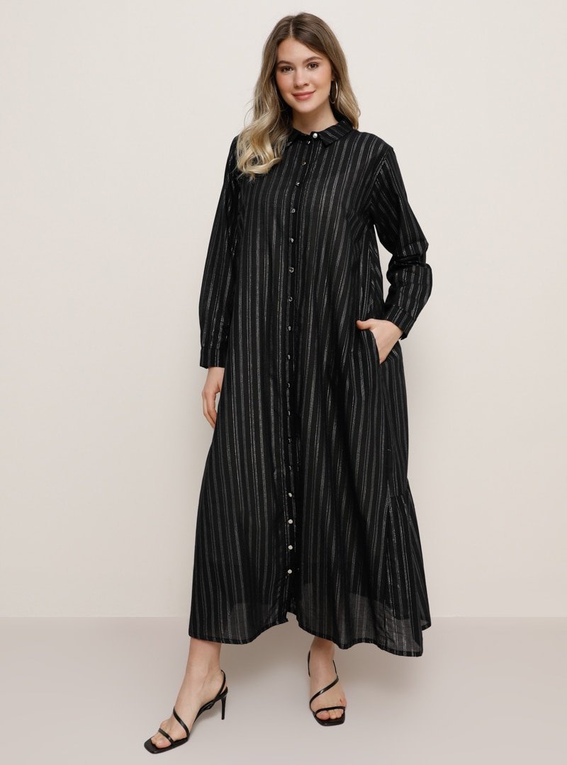 Alia Lame Siyah Doğal Kumaşlı Sim Detaylı Şifon Elbise