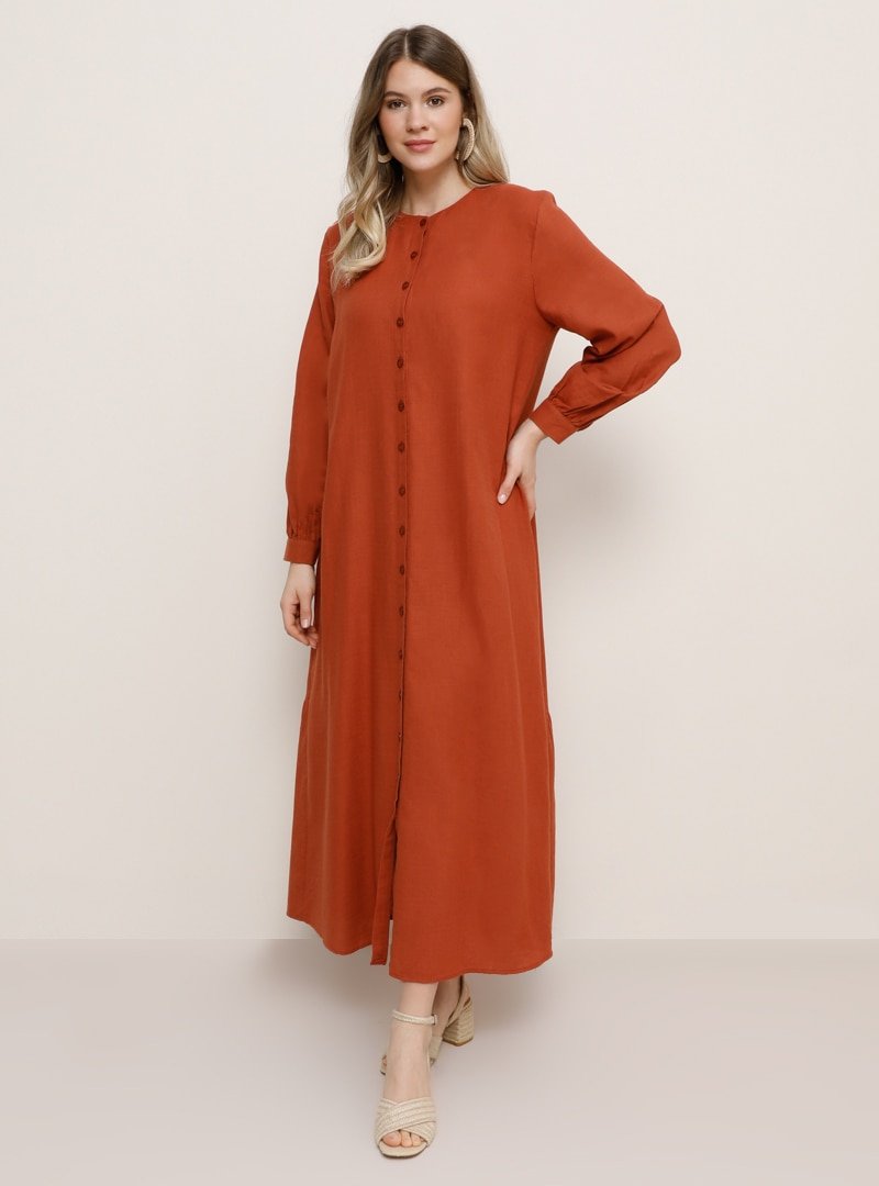 Alia Terracotta Doğal Kumaşlı Boydan Düğmeli Elbise