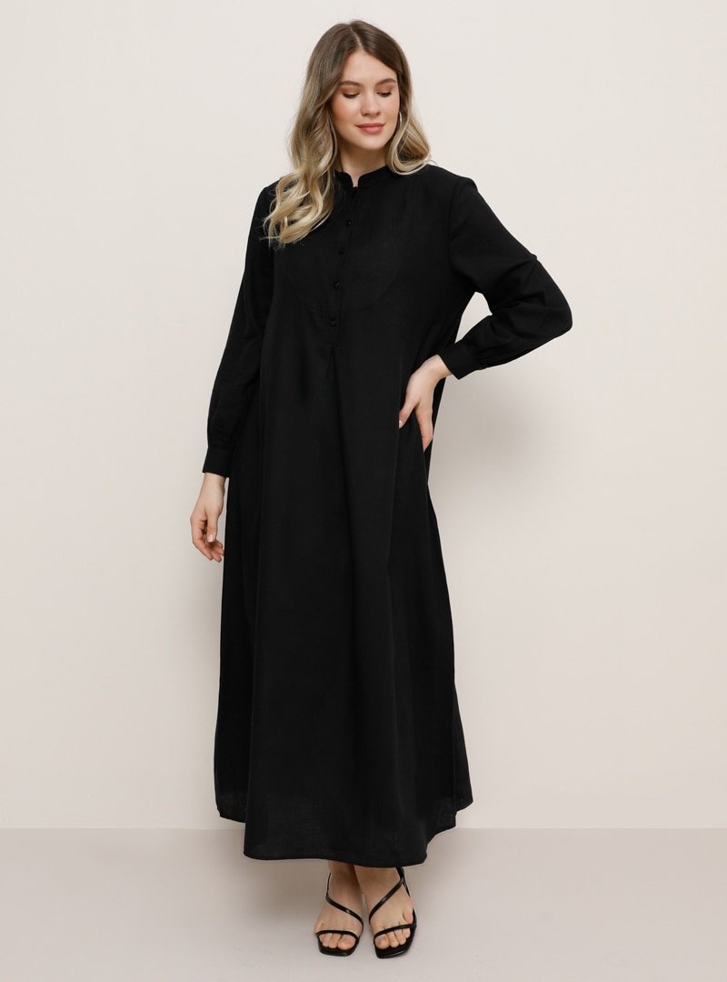 Alia Siyah Doğal Kumaşlı A Pile Detaylı Elbise
