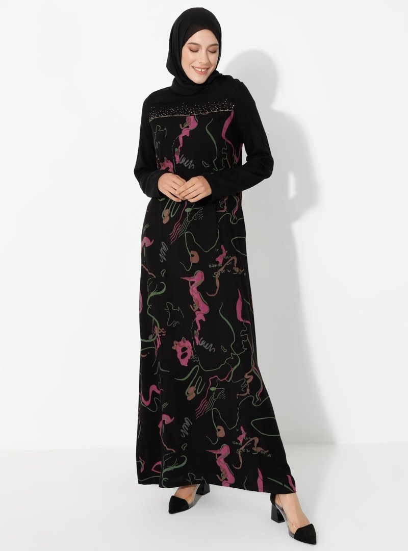 Ginezza Pembe Siyah Taş İşlemeli Desenli Elbise