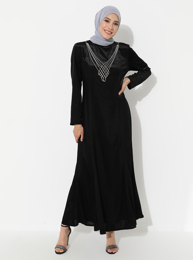 MEKSİLA Siyah Aksesuar Detaylı Kadife Elbise