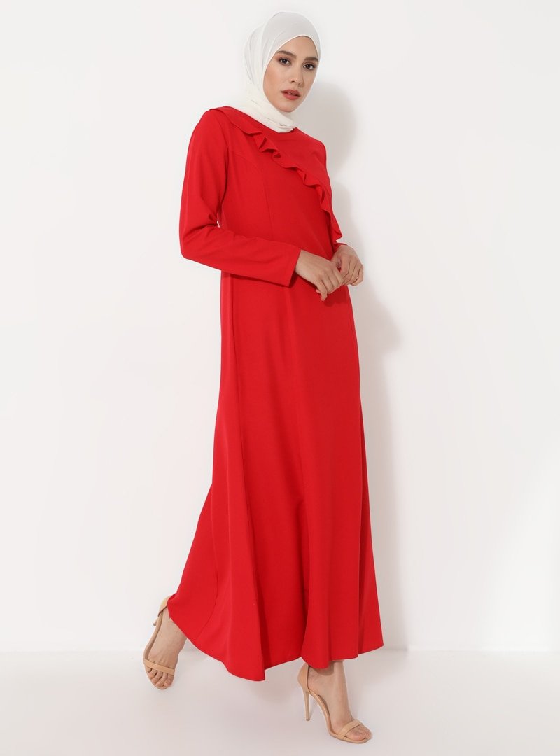 Ziwoman Kırmızı Volan Detaylı Elbise