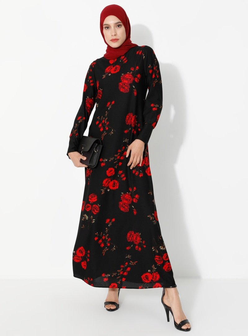 ECESUN Kırmızı Siyah Çiçek Desenli Elbise