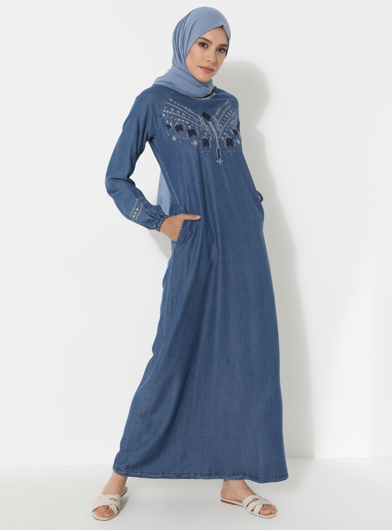 Ginezza Lacivert Nakış Detaylı Kot Elbise