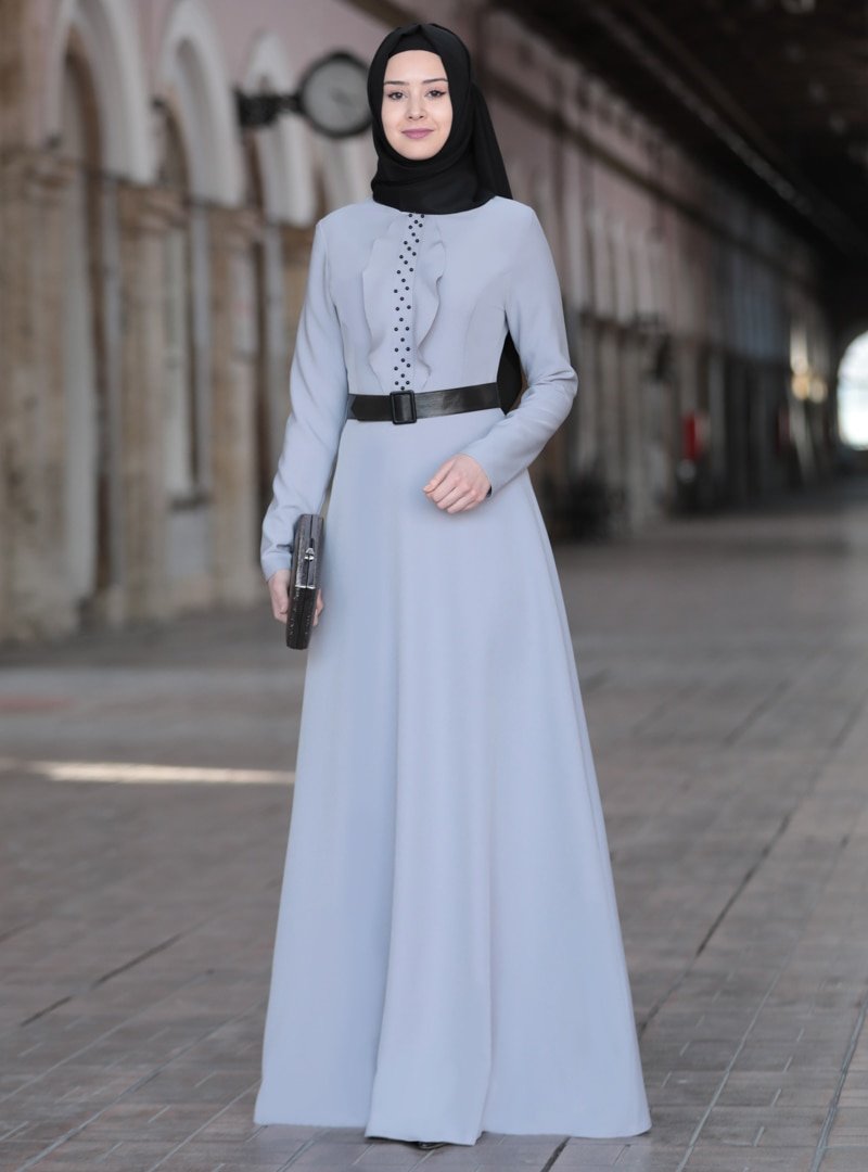 Azra Design Gri Ela Abiye Elbise