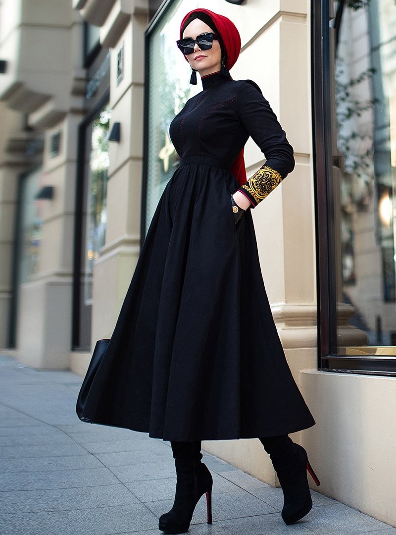 Muslima Wear Siyah Avıator Abiye Elbise