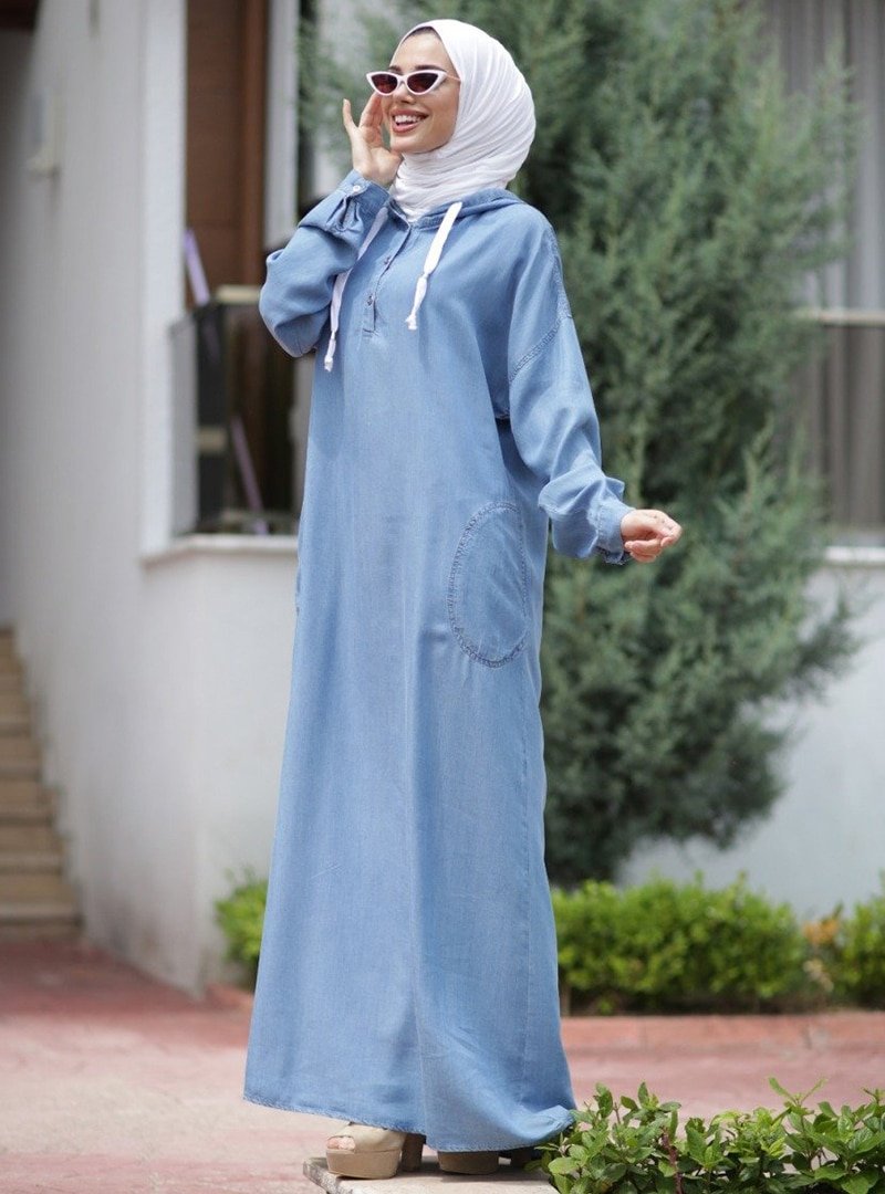 Neways Mavi Uzun Kot Elbise